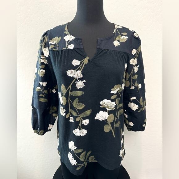 LUCKY BRAND | Black Floral Peasant Top Blouse Puff Sleeve Cotton | Size Small - Picture 3 of 8